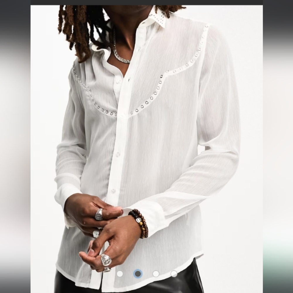ASOS Design long sleeve sheer western with studding in white. Shirt size Medium